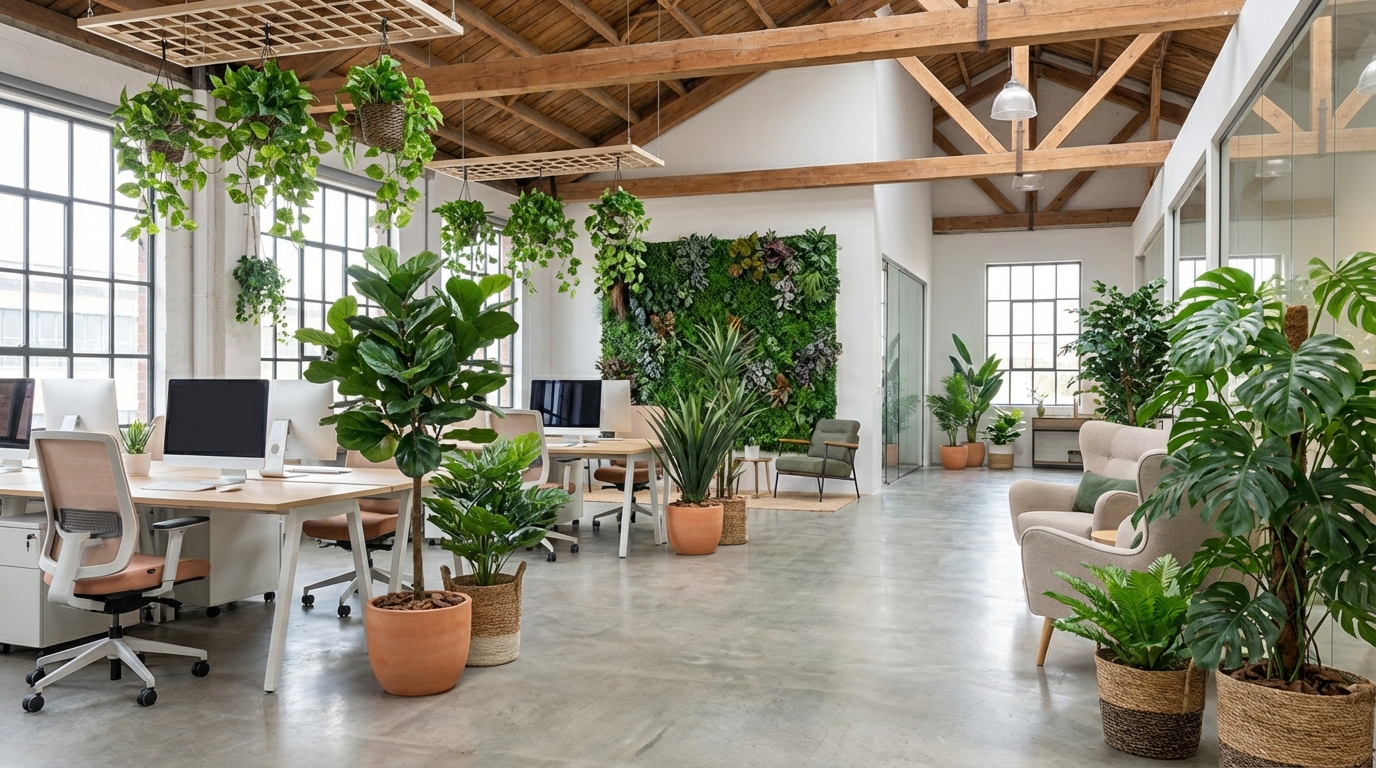 Kunstpflanzen im modernen Loft-Büro mit Holzbalken